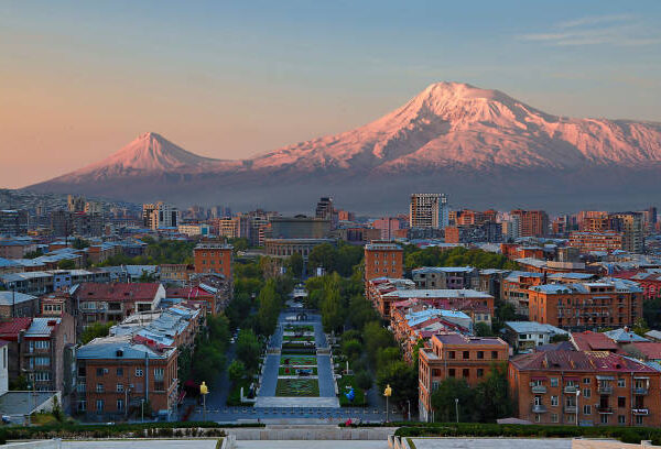 Skyline of Yerevan, capital of Armenia, at the sunrise with Mt Ararat in the backgroud.